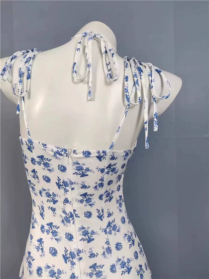 Export Pure Desire Exquisite Print Spaghetti Straps Slimming Adult Lady like Woman Fishtail Stylish Fashion Sexy Banquet Tied Dress