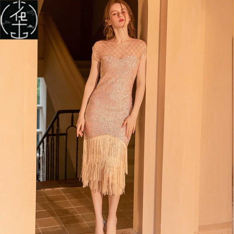Sexy Sequin Bead Dress Host Retro Banquet Party Stage Nightclub Gatsby Tassel Dress