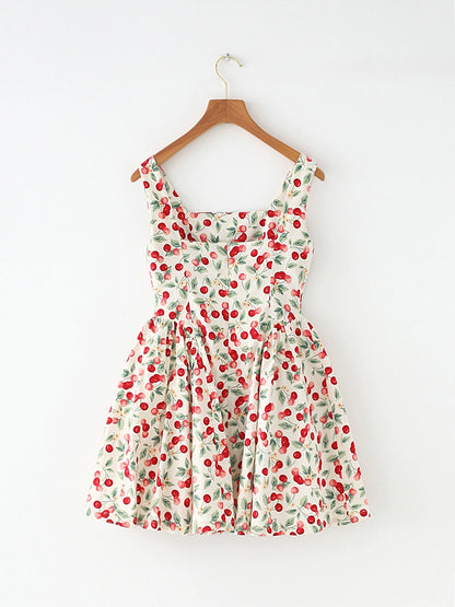 French Style American Retro Cherry Design Niche Style Slim Looking Tight Waist Large Skirt Sling Vest Skirt Dress New Arrival Women