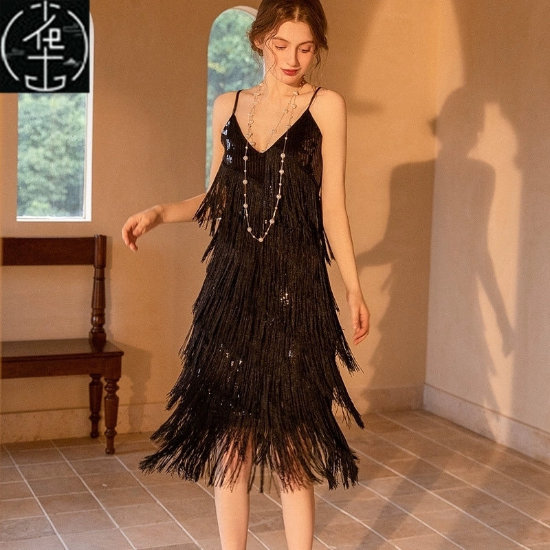 Sexy Sequin Bead Dress Host Retro Banquet Party Stage Nightclub Gatsby Tassel Dress