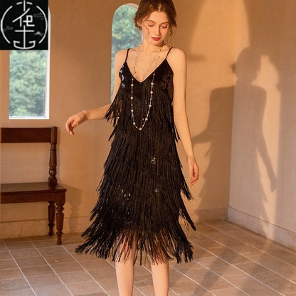 Sexy Sequin Bead Dress Host Retro Banquet Party Stage Nightclub Gatsby Tassel Dress