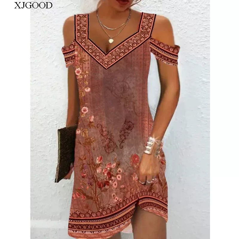 Printed V-neck Short Sleeve Women's Printed V-neck Short Sleeve Loose Dress