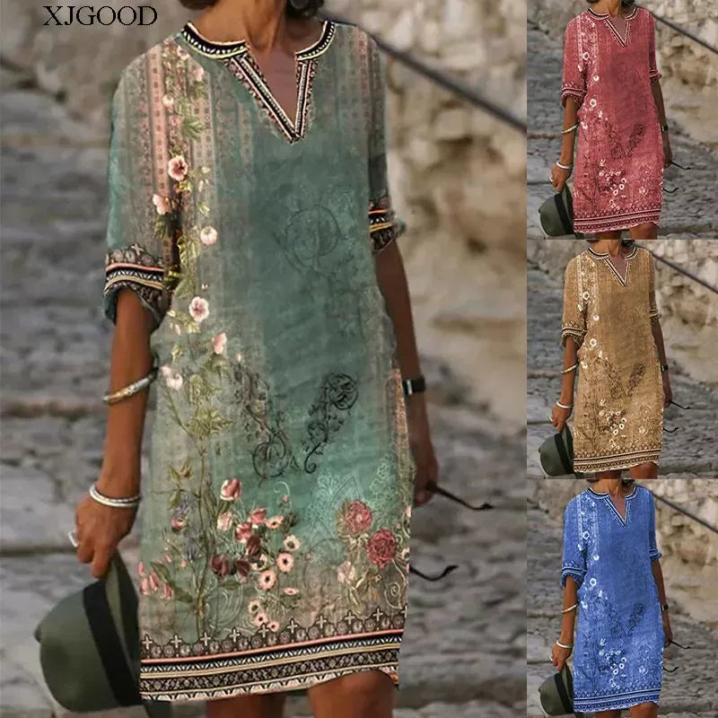 Printed V-neck Short Sleeve Women's Printed V-neck Short Sleeve Loose Dress