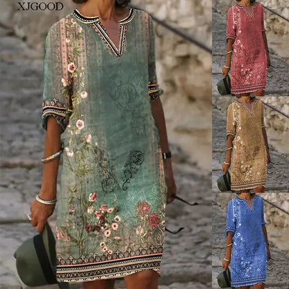 Printed V-neck Short Sleeve Women's Printed V-neck Short Sleeve Loose Dress