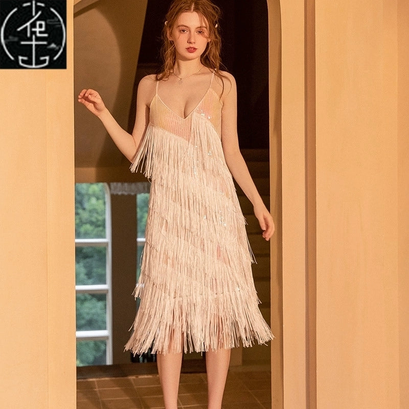 Sexy Sequin Bead Dress Host Retro Banquet Party Stage Nightclub Gatsby Tassel Dress