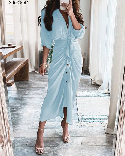 V-neck Button Print Long Dress Woman V Neck Button Printed Long Dress Female
