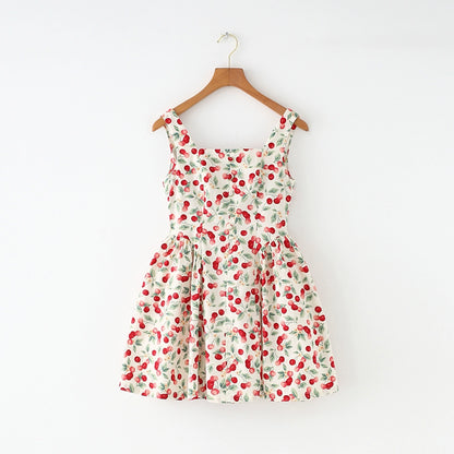 French Style American Retro Cherry Design Niche Style Slim Looking Tight Waist Large Skirt Sling Vest Skirt Dress New Arrival Women