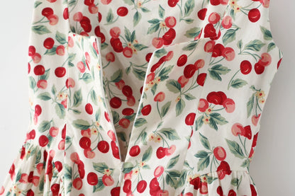 French Style American Retro Cherry Design Niche Style Slim Looking Tight Waist Large Skirt Sling Vest Skirt Dress New Arrival Women