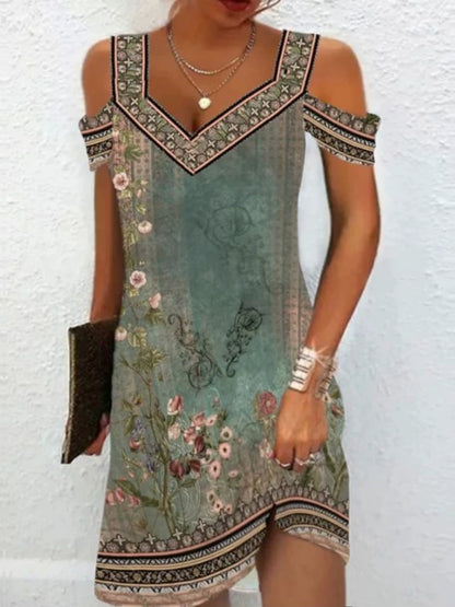 Printed V-neck Short Sleeve Women's Printed V-neck Short Sleeve Loose Dress