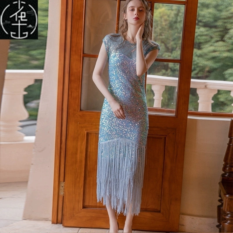 Sexy Sequin Bead Dress Host Retro Banquet Party Stage Nightclub Gatsby Tassel Dress