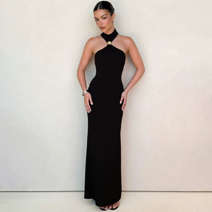 Outfitgirl Fashion Style Ins New Arrival Elegant Halter Tube Top Dress Black over-the-Knee Slim Looking Date Dress