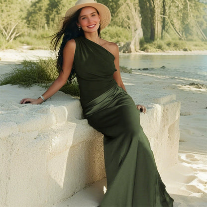 European and American New Solid Oblique Collar Sleeveless Backless Sheath Evening dress Dress Women Party Dress