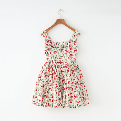 French Style American Retro Cherry Design Niche Style Slim Looking Tight Waist Large Skirt Sling Vest Skirt Dress New Arrival Women