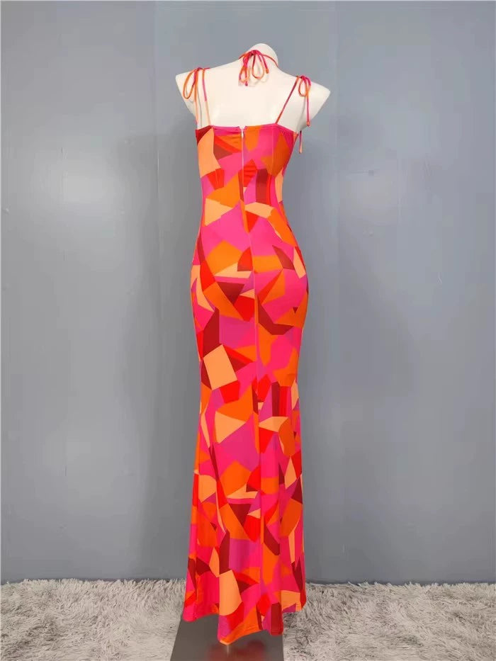 Export Pure Desire Exquisite Print Spaghetti Straps Slimming Adult Lady like Woman Fishtail Stylish Fashion Sexy Banquet Tied Dress