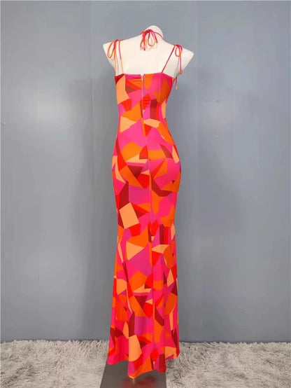 Export Pure Desire Exquisite Print Spaghetti Straps Slimming Adult Lady like Woman Fishtail Stylish Fashion Sexy Banquet Tied Dress