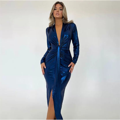 Pu Long Dress Elegant Glossy V Neck Long Sleeves Patchwork Ruffle Hip Leather Skirt Split High Waist Dress