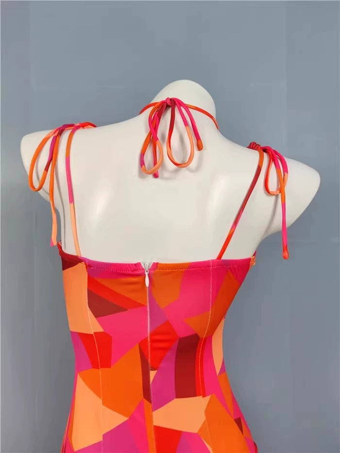 Export Pure Desire Exquisite Print Spaghetti Straps Slimming Adult Lady like Woman Fishtail Stylish Fashion Sexy Banquet Tied Dress