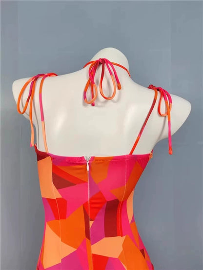 Export Pure Desire Exquisite Print Spaghetti Straps Slimming Adult Lady like Woman Fishtail Stylish Fashion Sexy Banquet Tied Dress