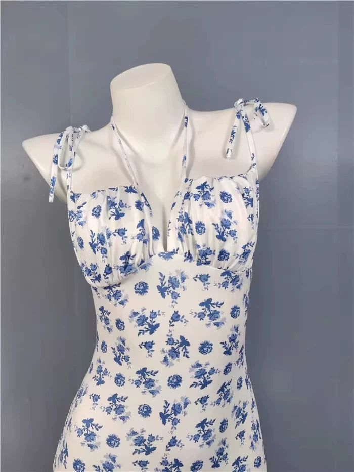 Export Pure Desire Exquisite Print Spaghetti Straps Slimming Adult Lady like Woman Fishtail Stylish Fashion Sexy Banquet Tied Dress