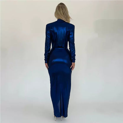 Pu Long Dress Elegant Glossy V Neck Long Sleeves Patchwork Ruffle Hip Leather Skirt Split High Waist Dress