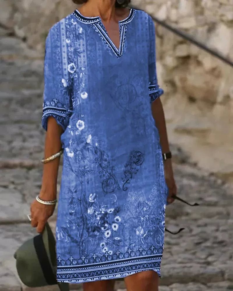 Printed V-neck Short Sleeve Women's Printed V-neck Short Sleeve Loose Dress