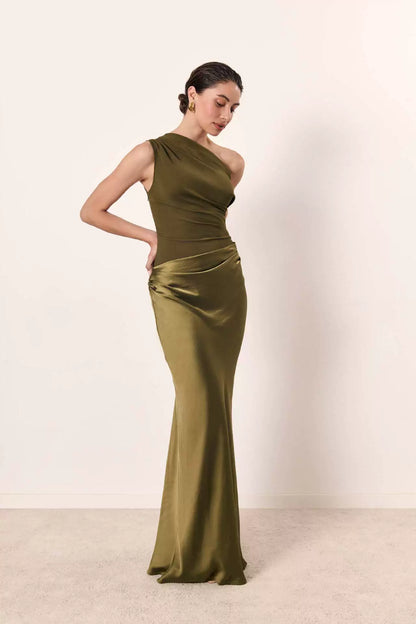 European and American New Solid Oblique Collar Sleeveless Backless Sheath Evening dress Dress Women Party Dress