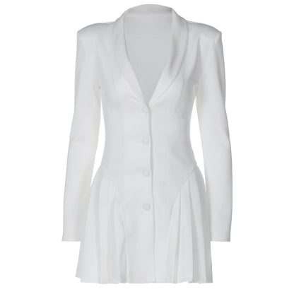 European and American Sexy Sexy Low Cut V-neck Long-Sleeve Dress Side Pleated Patchwork Design High Waist Button Cardigan A- line Skirt
