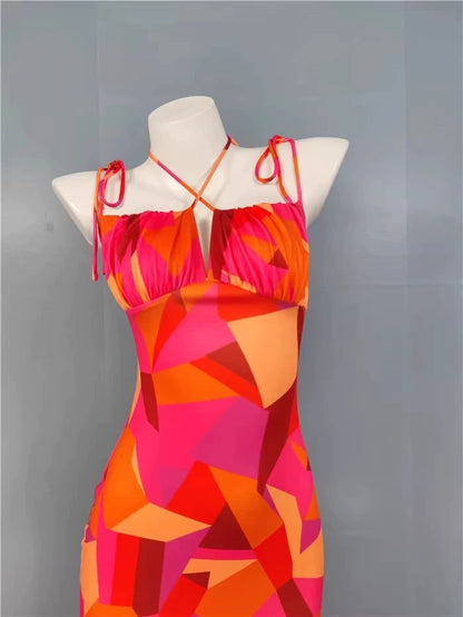 Export Pure Desire Exquisite Print Spaghetti Straps Slimming Adult Lady like Woman Fishtail Stylish Fashion Sexy Banquet Tied Dress