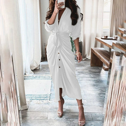 V-neck Button Print Long Dress Woman V Neck Button Printed Long Dress Female