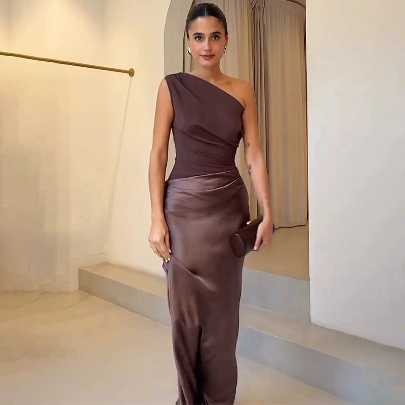 European and American New Solid Oblique Collar Sleeveless Backless Sheath Evening dress Dress Women Party Dress