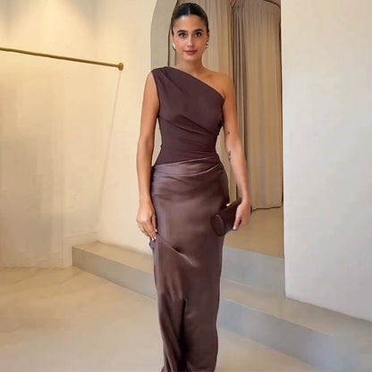 European and American New Solid Oblique Collar Sleeveless Backless Sheath Evening dress Dress Women Party Dress