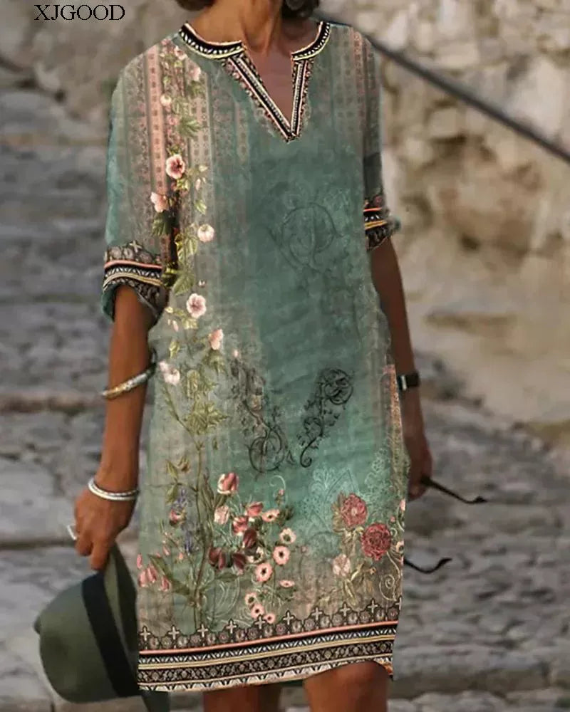 Printed V-neck Short Sleeve Women's Printed V-neck Short Sleeve Loose Dress