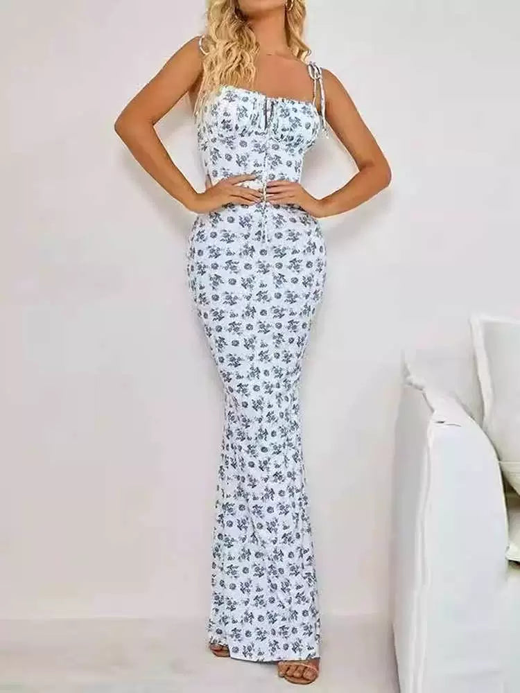 Export Pure Desire Exquisite Print Spaghetti Straps Slimming Adult Lady like Woman Fishtail Stylish Fashion Sexy Banquet Tied Dress