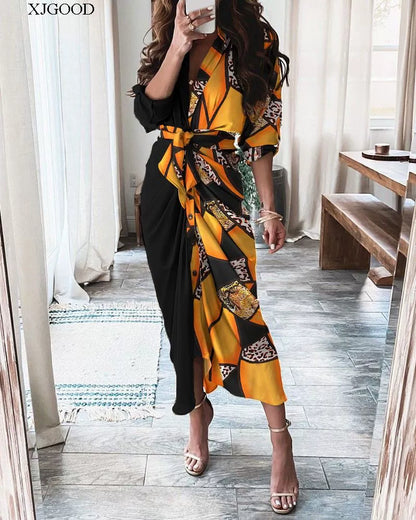 V-neck Button Print Long Dress Woman V Neck Button Printed Long Dress Female