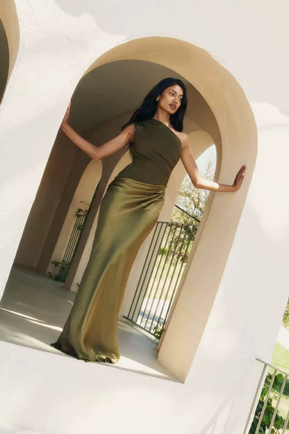 European and American New Solid Oblique Collar Sleeveless Backless Sheath Evening dress Dress Women Party Dress