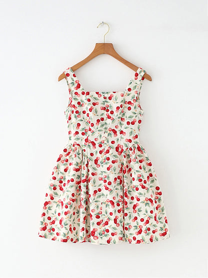 French Style American Retro Cherry Design Niche Style Slim Looking Tight Waist Large Skirt Sling Vest Skirt Dress New Arrival Women