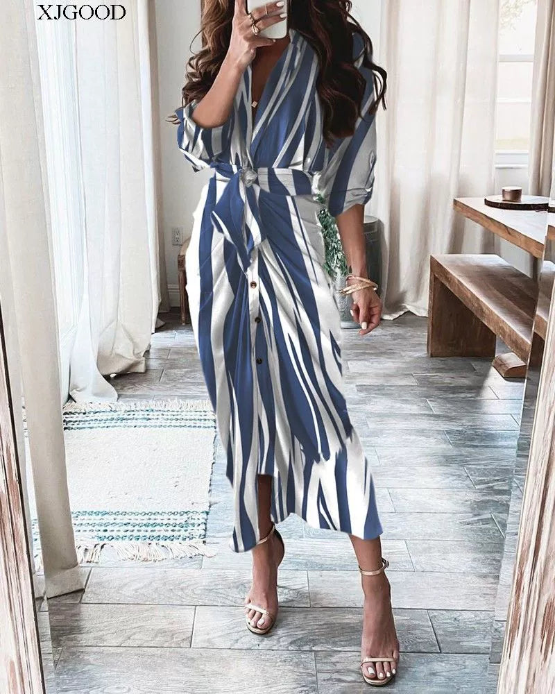 V-neck Button Print Long Dress Woman V Neck Button Printed Long Dress Female