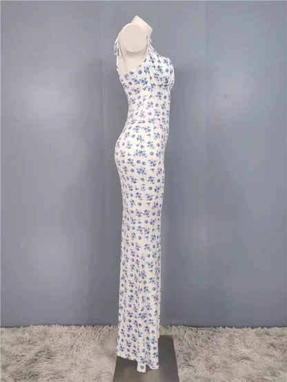 Export Pure Desire Exquisite Print Spaghetti Straps Slimming Adult Lady like Woman Fishtail Stylish Fashion Sexy Banquet Tied Dress