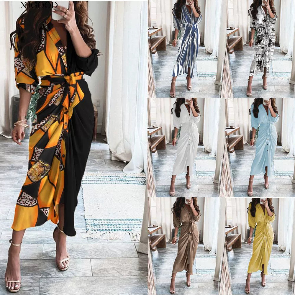 V-neck Button Print Long Dress Woman V Neck Button Printed Long Dress Female