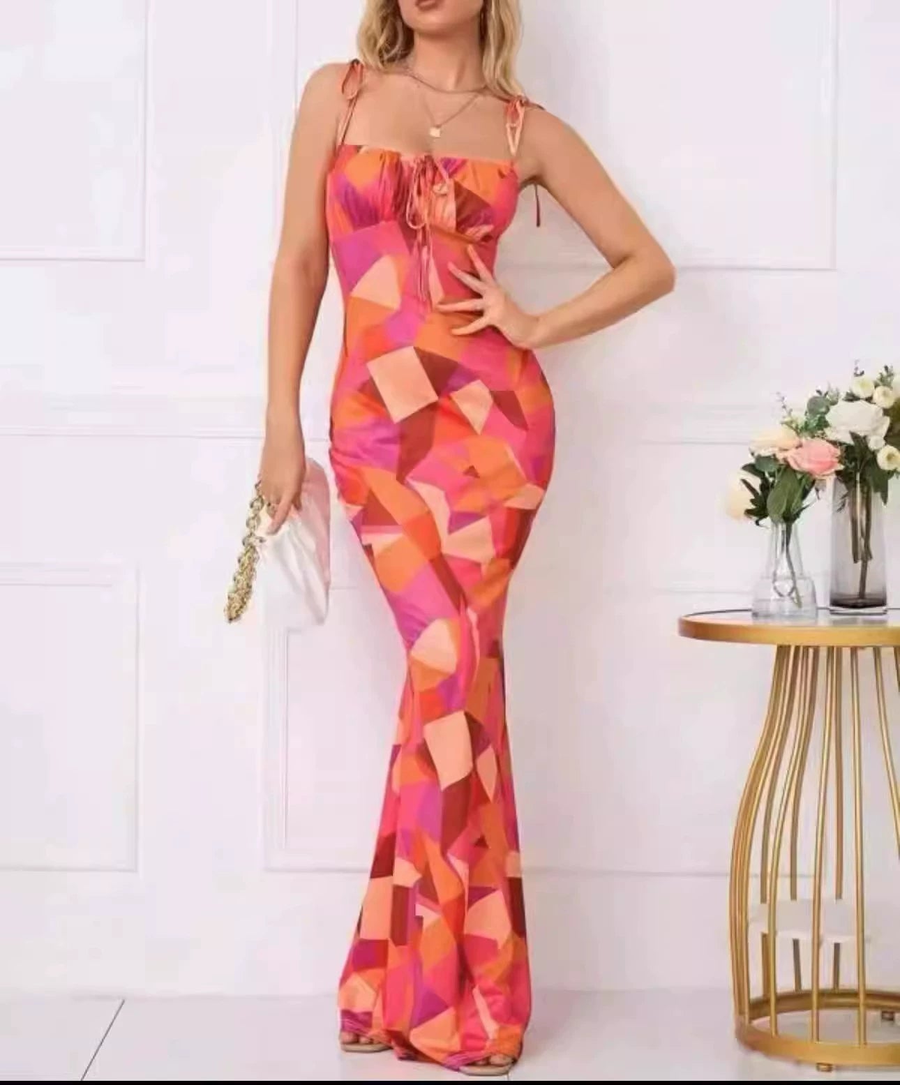 Export Pure Desire Exquisite Print Spaghetti Straps Slimming Adult Lady like Woman Fishtail Stylish Fashion Sexy Banquet Tied Dress