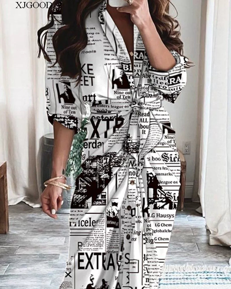 V-neck Button Print Long Dress Woman V Neck Button Printed Long Dress Female