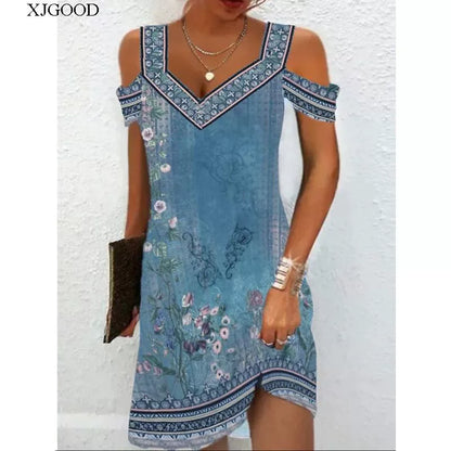 Printed V-neck Short Sleeve Women's Printed V-neck Short Sleeve Loose Dress