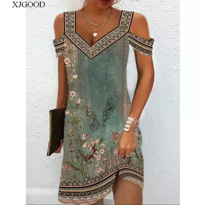 Printed V-neck Short Sleeve Women's Printed V-neck Short Sleeve Loose Dress