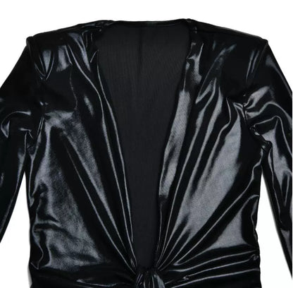 Pu Long Dress Elegant Glossy V Neck Long Sleeves Patchwork Ruffle Hip Leather Skirt Split High Waist Dress