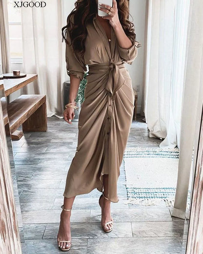 V-neck Button Print Long Dress Woman V Neck Button Printed Long Dress Female