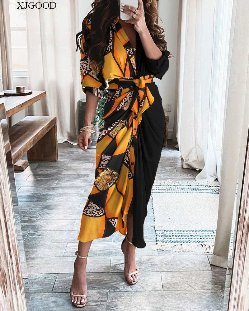 V-neck Button Print Long Dress Woman V Neck Button Printed Long Dress Female