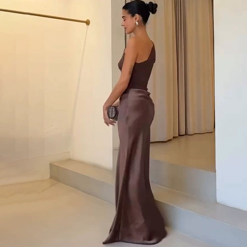 European and American New Solid Oblique Collar Sleeveless Backless Sheath Evening dress Dress Women Party Dress