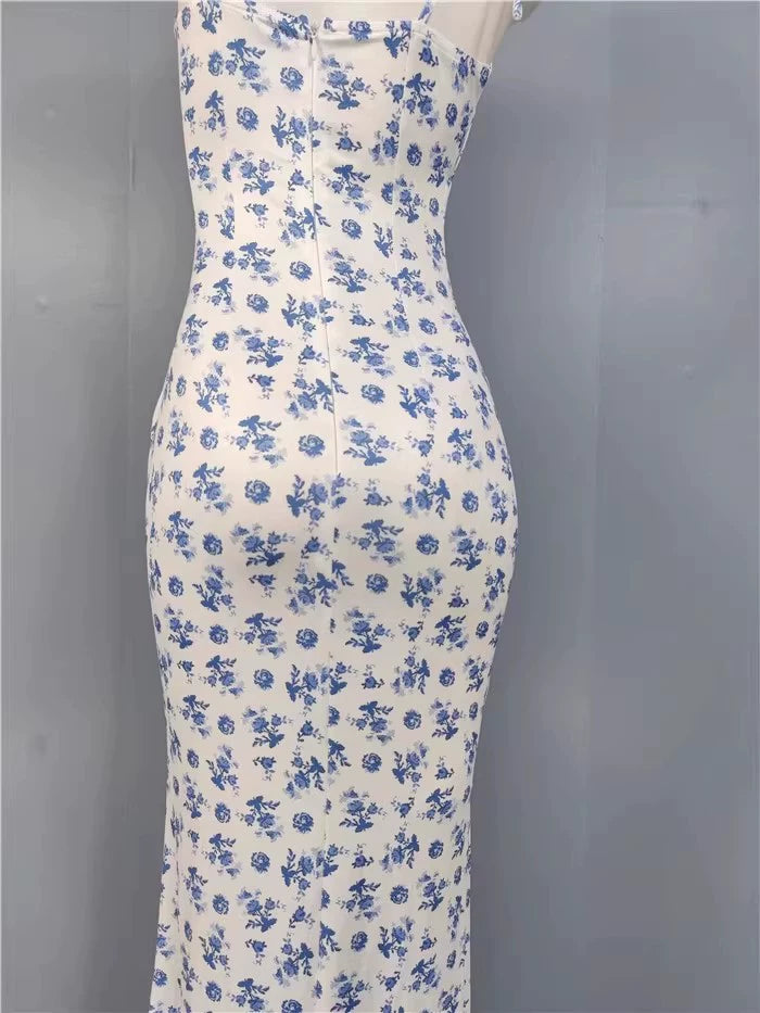 Export Pure Desire Exquisite Print Spaghetti Straps Slimming Adult Lady like Woman Fishtail Stylish Fashion Sexy Banquet Tied Dress