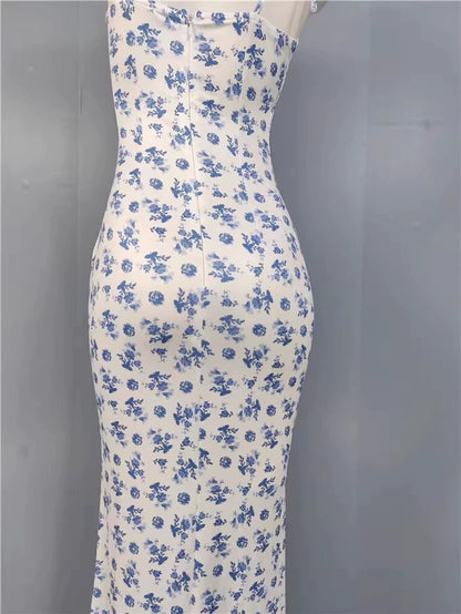Export Pure Desire Exquisite Print Spaghetti Straps Slimming Adult Lady like Woman Fishtail Stylish Fashion Sexy Banquet Tied Dress