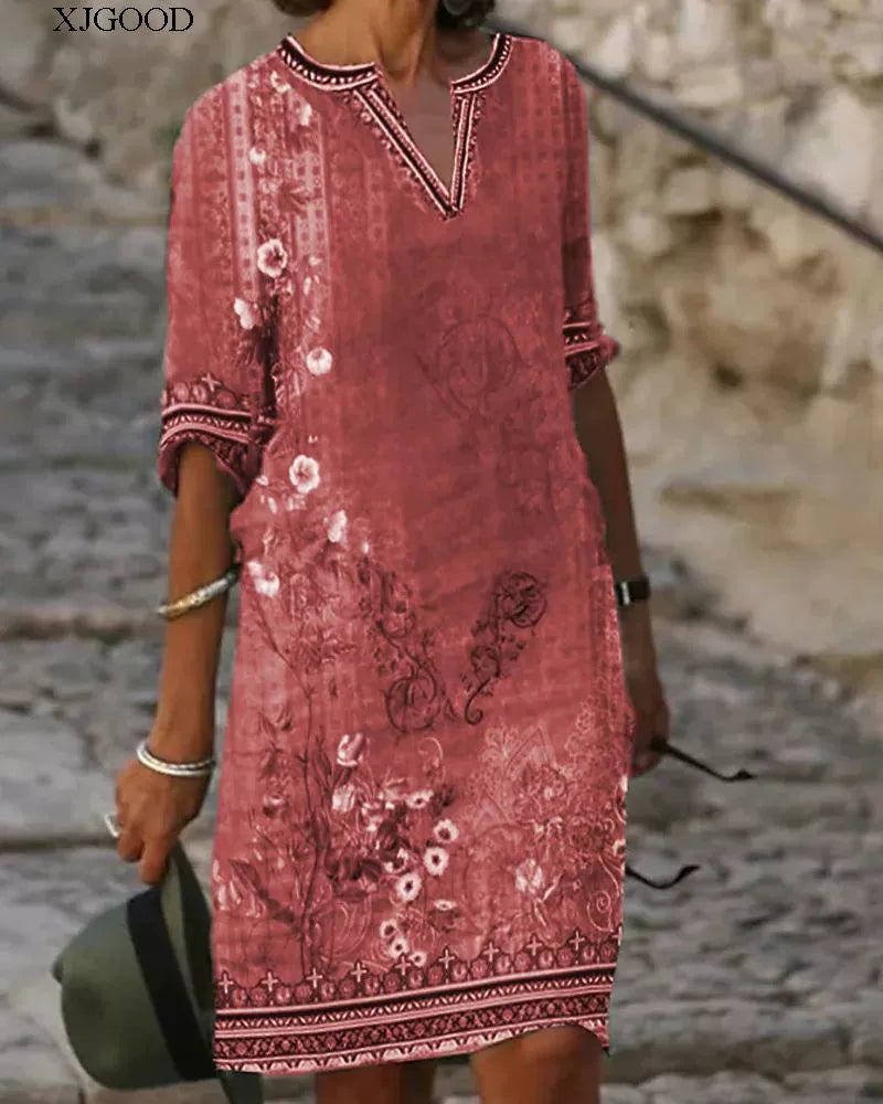 Printed V-neck Short Sleeve Women's Printed V-neck Short Sleeve Loose Dress